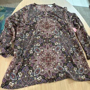 J. Jill Paisley Print Blouse Medium Purple Keyhole Cutout Long Sleeve Polyester
